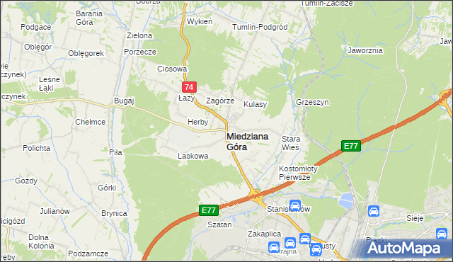 mapa Miedziana Góra powiat kielecki, Miedziana Góra powiat kielecki na mapie Targeo