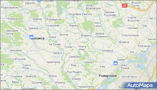 mapa Mokra Wieś gmina Podegrodzie, Mokra Wieś gmina Podegrodzie na mapie Targeo