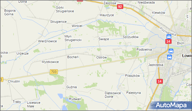 mapa Ostrów gmina Łowicz, Ostrów gmina Łowicz na mapie Targeo