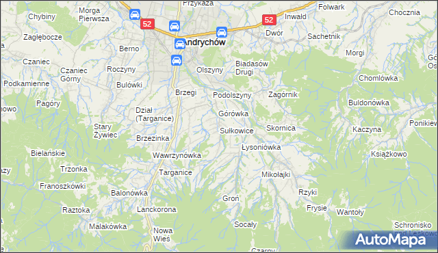 mapa Sułkowice gmina Andrychów, Sułkowice gmina Andrychów na mapie Targeo
