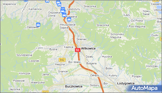 mapa Wilkowice powiat bielski, Wilkowice powiat bielski na mapie Targeo