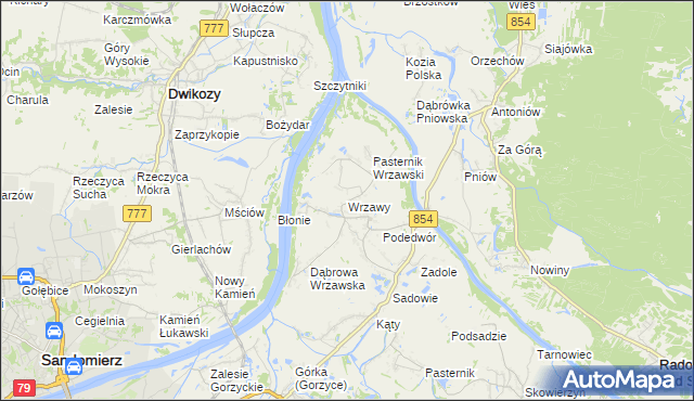 mapa Wrzawy gmina Gorzyce, Wrzawy gmina Gorzyce na mapie Targeo