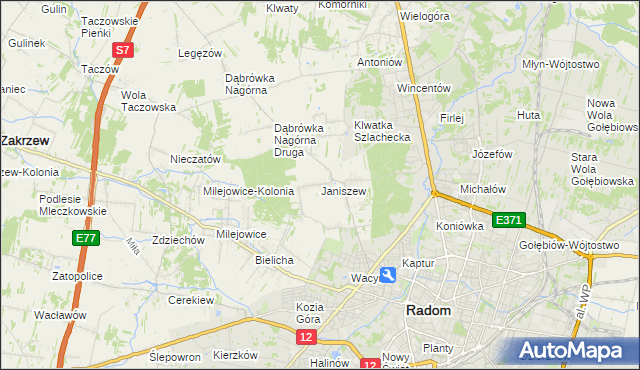 mapa Janiszew gmina Zakrzew, Janiszew gmina Zakrzew na mapie Targeo