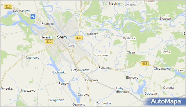 mapa Sosnowiec gmina Śrem, Sosnowiec gmina Śrem na mapie Targeo