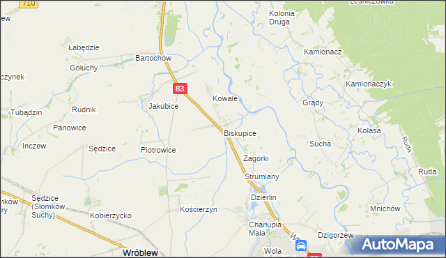 mapa Biskupice gmina Sieradz, Biskupice gmina Sieradz na mapie Targeo