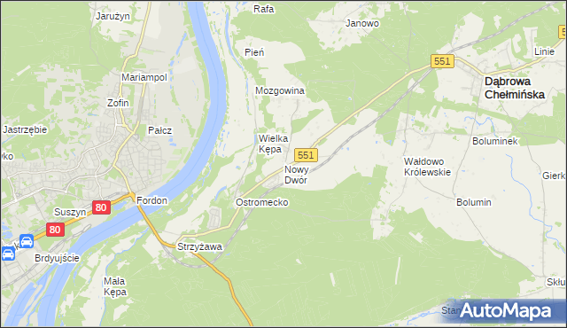 mapa Nowy Dwór gmina Dąbrowa Chełmińska, Nowy Dwór gmina Dąbrowa Chełmińska na mapie Targeo