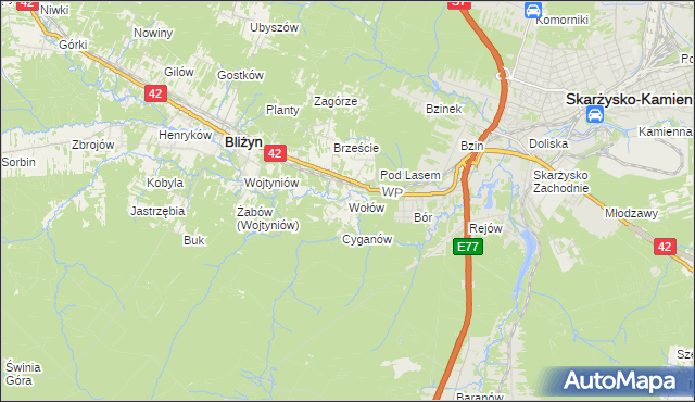 mapa Wołów gmina Bliżyn, Wołów gmina Bliżyn na mapie Targeo