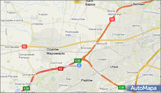 mapa Bronisze gmina Ożarów Mazowiecki, Bronisze gmina Ożarów Mazowiecki na mapie Targeo