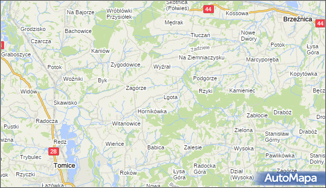 mapa Lgota gmina Tomice, Lgota gmina Tomice na mapie Targeo