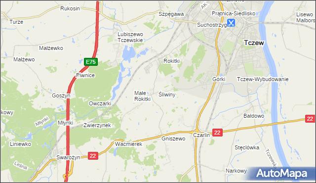 mapa Śliwiny gmina Tczew, Śliwiny gmina Tczew na mapie Targeo
