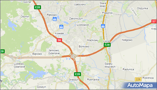 mapa Borkowo gmina Pruszcz Gdański, Borkowo gmina Pruszcz Gdański na mapie Targeo