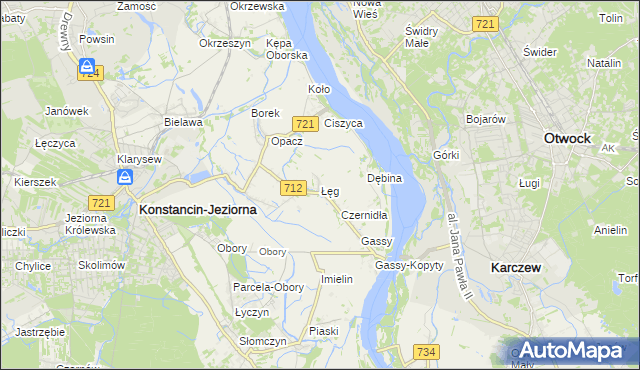 mapa Łęg gmina Konstancin-Jeziorna, Łęg gmina Konstancin-Jeziorna na mapie Targeo