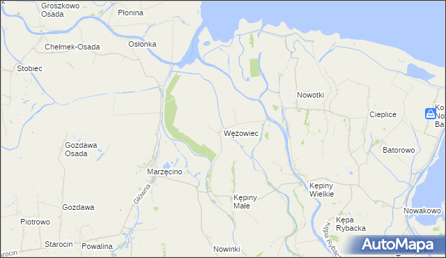 mapa Wężowiec gmina Nowy Dwór Gdański, Wężowiec gmina Nowy Dwór Gdański na mapie Targeo