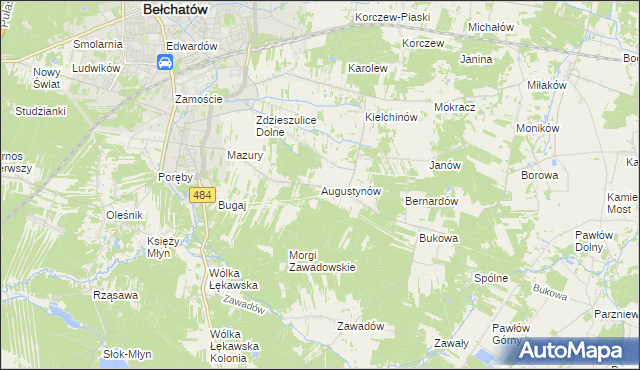 mapa Augustynów gmina Bełchatów, Augustynów gmina Bełchatów na mapie Targeo
