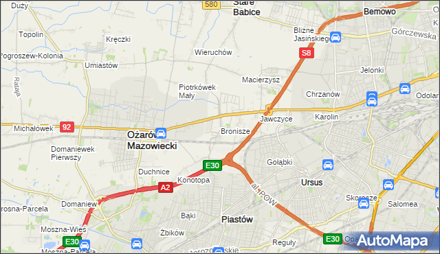 mapa Bronisze gmina Ożarów Mazowiecki, Bronisze gmina Ożarów Mazowiecki na mapie Targeo