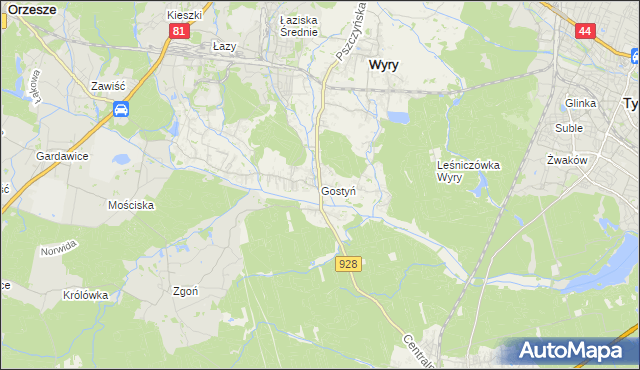 mapa Gostyń gmina Wyry, Gostyń gmina Wyry na mapie Targeo