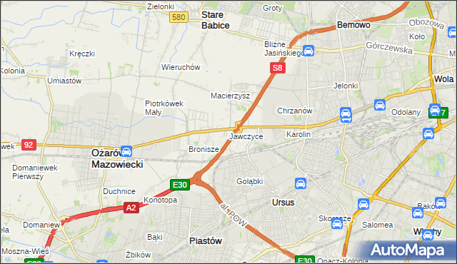 mapa Jawczyce gmina Ożarów Mazowiecki, Jawczyce gmina Ożarów Mazowiecki na mapie Targeo