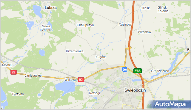 mapa Ługów gmina Świebodzin, Ługów gmina Świebodzin na mapie Targeo