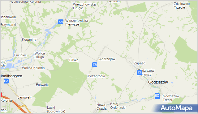 mapa Andrzejów gmina Godziszów, Andrzejów gmina Godziszów na mapie Targeo