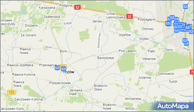 mapa Bartodzieje gmina Tczów, Bartodzieje gmina Tczów na mapie Targeo