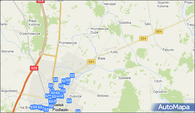 mapa Biała gmina Bielsk Podlaski, Biała gmina Bielsk Podlaski na mapie Targeo