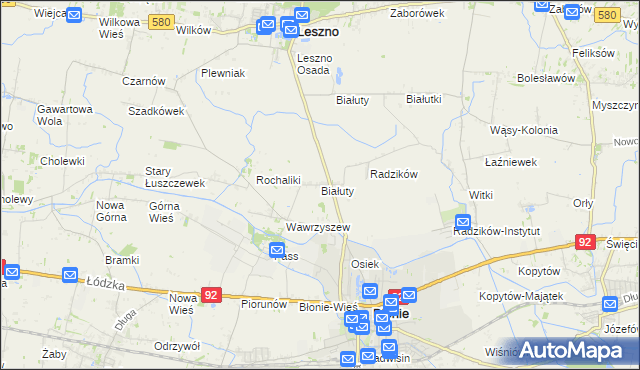 mapa Białuty gmina Błonie, Białuty gmina Błonie na mapie Targeo