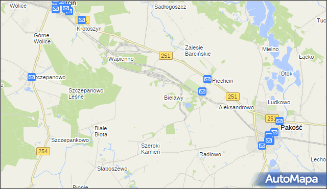 mapa Bielawy gmina Barcin, Bielawy gmina Barcin na mapie Targeo