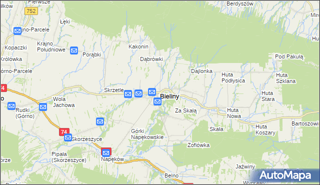 mapa Bieliny powiat kielecki, Bieliny powiat kielecki na mapie Targeo