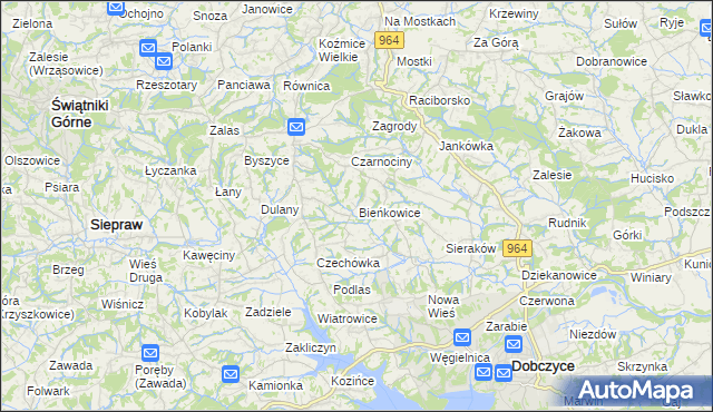 mapa Bieńkowice gmina Dobczyce, Bieńkowice gmina Dobczyce na mapie Targeo