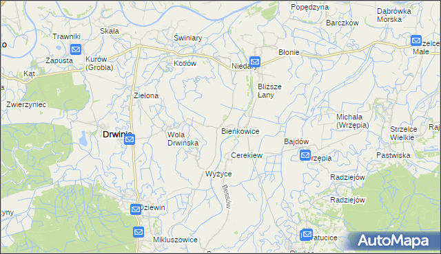 mapa Bieńkowice gmina Drwinia, Bieńkowice gmina Drwinia na mapie Targeo