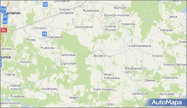 mapa Borzęcin gmina Gorzkowice, Borzęcin gmina Gorzkowice na mapie Targeo