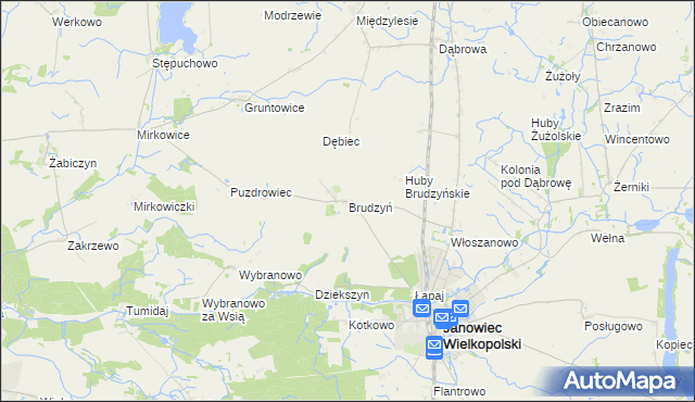 mapa Brudzyń gmina Janowiec Wielkopolski, Brudzyń gmina Janowiec Wielkopolski na mapie Targeo