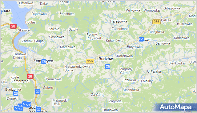 mapa Budzów powiat suski, Budzów powiat suski na mapie Targeo