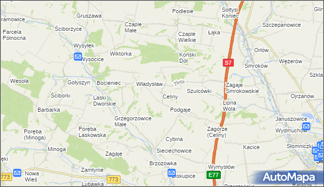 mapa Celiny gmina Iwanowice, Celiny gmina Iwanowice na mapie Targeo