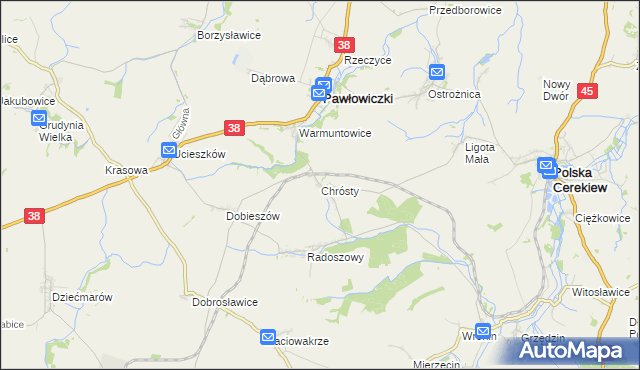 mapa Chrósty gmina Pawłowiczki, Chrósty gmina Pawłowiczki na mapie Targeo