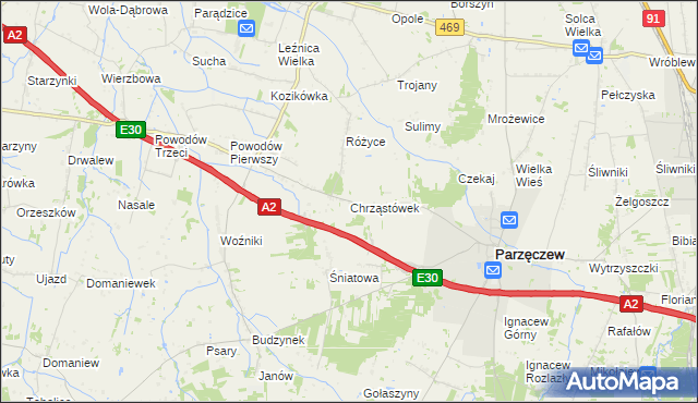 mapa Chrząstówek gmina Parzęczew, Chrząstówek gmina Parzęczew na mapie Targeo