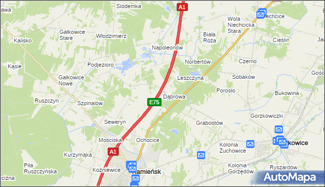mapa Dąbrowa gmina Kamieńsk, Dąbrowa gmina Kamieńsk na mapie Targeo