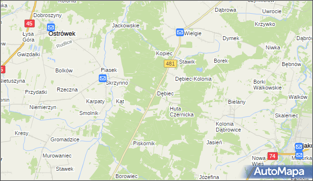 mapa Dębiec gmina Ostrówek, Dębiec gmina Ostrówek na mapie Targeo