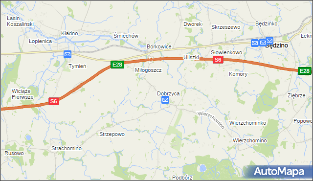 mapa Dobrzyca gmina Będzino, Dobrzyca gmina Będzino na mapie Targeo