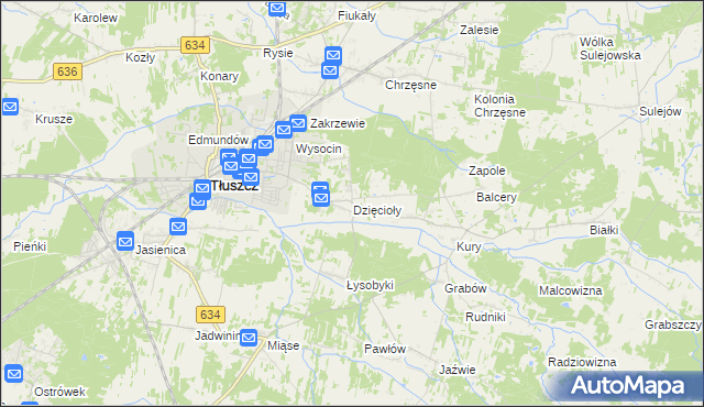 mapa Dzięcioły gmina Tłuszcz, Dzięcioły gmina Tłuszcz na mapie Targeo