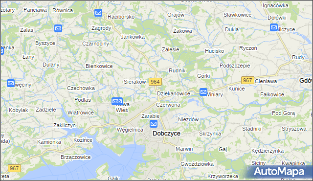 mapa Dziekanowice gmina Dobczyce, Dziekanowice gmina Dobczyce na mapie Targeo