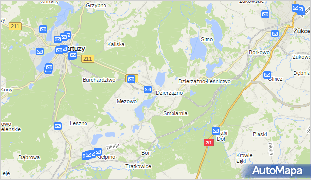 mapa Dzierżążno gmina Kartuzy, Dzierżążno gmina Kartuzy na mapie Targeo