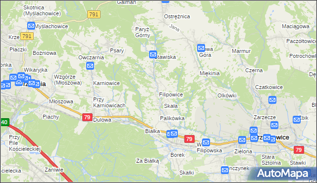 mapa Filipowice gmina Krzeszowice, Filipowice gmina Krzeszowice na mapie Targeo
