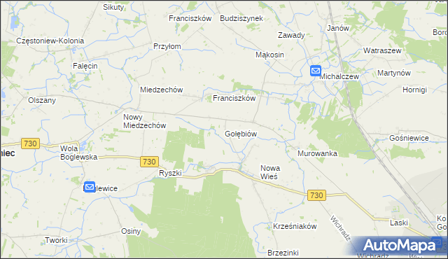 mapa Gołębiów gmina Jasieniec, Gołębiów gmina Jasieniec na mapie Targeo