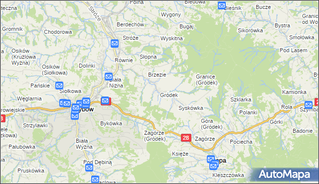 mapa Gródek gmina Grybów, Gródek gmina Grybów na mapie Targeo