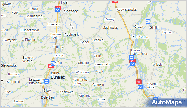 mapa Groń gmina Bukowina Tatrzańska, Groń gmina Bukowina Tatrzańska na mapie Targeo