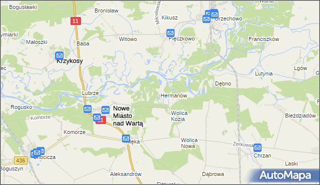 mapa Hermanów gmina Nowe Miasto nad Wartą, Hermanów gmina Nowe Miasto nad Wartą na mapie Targeo
