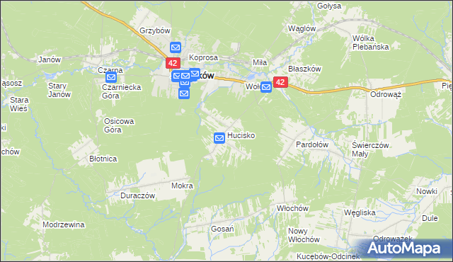 mapa Hucisko gmina Stąporków, Hucisko gmina Stąporków na mapie Targeo