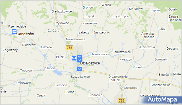 mapa Jakubowice gmina Działoszyce, Jakubowice gmina Działoszyce na mapie Targeo