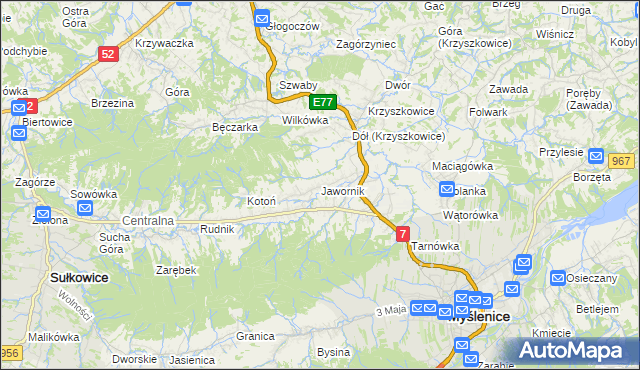 mapa Jawornik gmina Myślenice, Jawornik gmina Myślenice na mapie Targeo